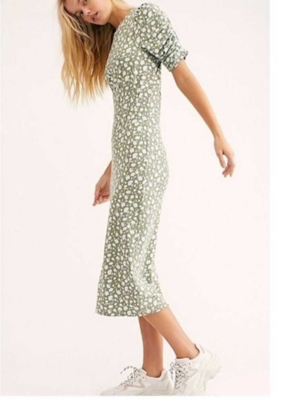 Free People Rosie Midi Dress Green white Floral Knit Open Back buckle S - Picture 3 of 16